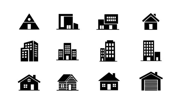 Minimal house silhouette icon set vector modern home building symbols isolated on transparent background
