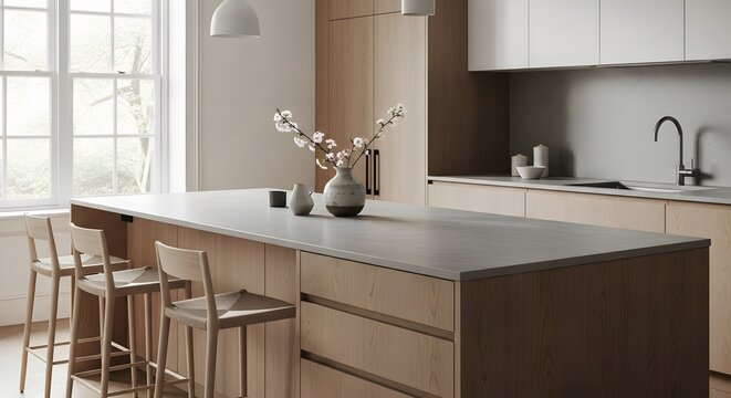 Modern kitchen island with seating and minimalist decor, showcasing natural wood cabinetry and neutral tones