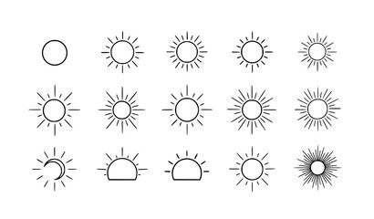 Minimal hand drawn sun outline icon set vector sunburst and rays isolated on transparent background © MdAshik