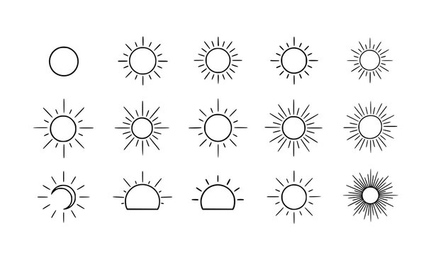 Minimal hand drawn sun outline icon set vector sunburst and rays isolated on transparent background