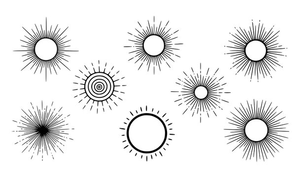 Retro hand drawn sun icon set vector vintage sunburst and sunshine symbols isolated on transparent background