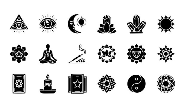 Spiritual glyph icon set vector mystical esoteric symbols isolated on transparent background