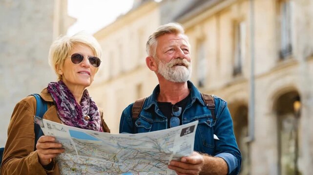 Middleaged couple reviewing scenic rail pass brochures outdoors showcasing excitement for picturesque train routes and sightseeing adventures.