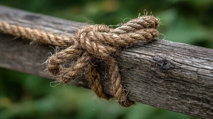 Weathered rope tied in a loose knot on aged wood