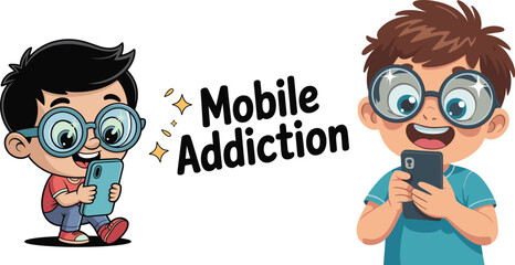 Naklejka premium Children mobile addiction concept showing kids using smartphones with oversized eyeglasses, digital screen dependency awareness, eye strain health cartoon illustration