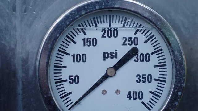 Close up of the dial on a pressure gauge, with the needle at 0. 