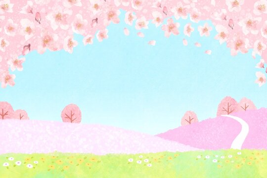 野原に咲く花と満開の桜が可愛い春イメージの風景イラスト