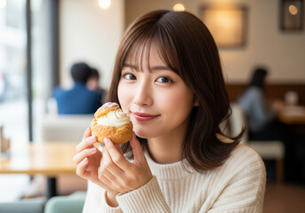 お洒落なカフェでクリームたっぷりのシュークリームを手に微笑む女性