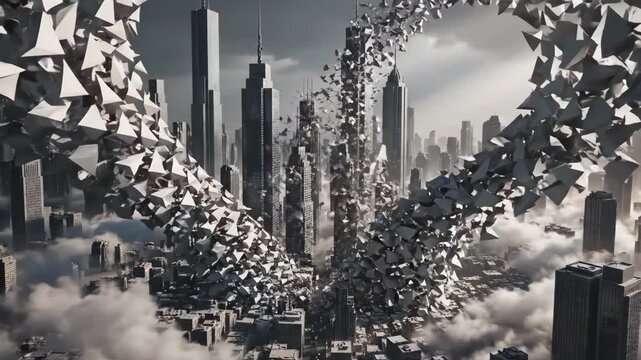 Abstract 3D rendering of a futuristic city with geometric structures and clouds, symbolizing technological advancement and urban complexity.