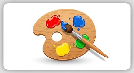 Wooden Artist Paint Palette with Vibrant Red Blue Yellow Green Paint Splatters and a Brush Ready for Creation on a Clean White Background