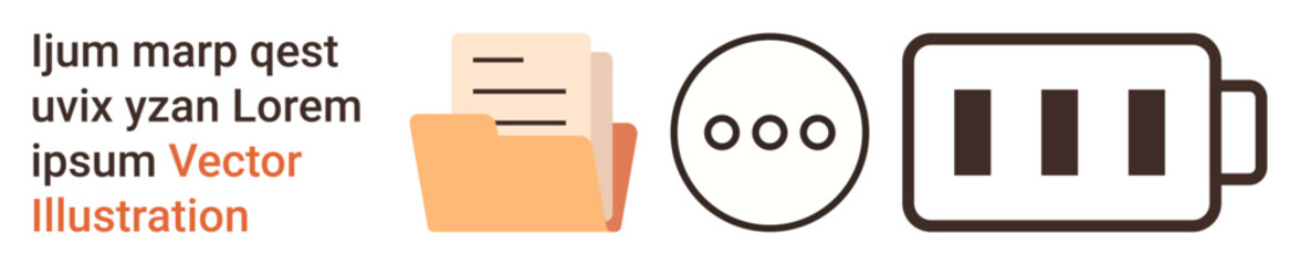 Data storage, file organization, loading status, energy levels, portable devices, technology management. Folder with files, loading icon battery symbol. File organization and loading status concept © robu_s