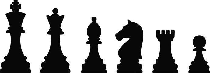 Chess pieces silhouette vector illustration, black chessmen set including king, queen, bishop, knight, rook, and pawn, strategy game design, classic board art © Shoentesh