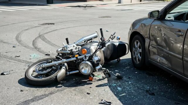 Motorcycle collision with car on asphalt road. Catastrophe debris, crash scene, and traffic safety concept.