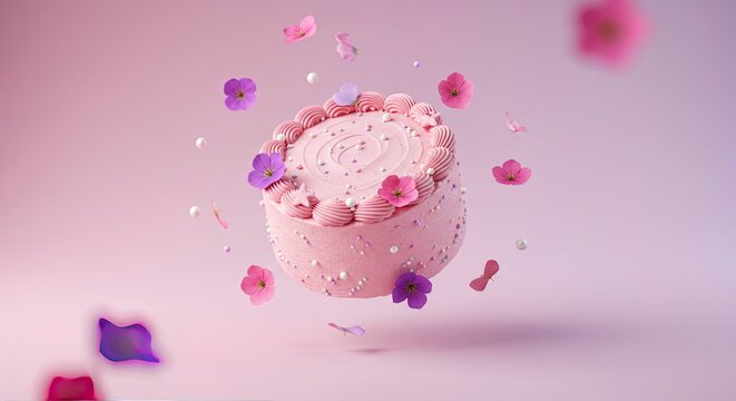 Whimsical Pink Cake with Floating Flowers and Pearls