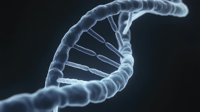 Rotating DNA helix structure in a dark environment, viewed from a 45-degree angle, in a video format.
