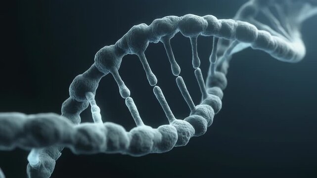 A 3D model of DNA molecule structure rotating in a dark environment from a close-up viewpoint