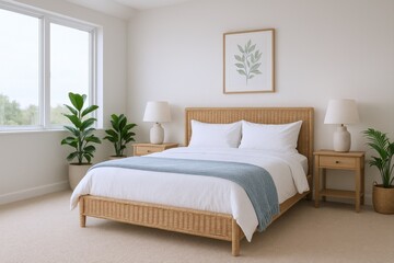 Fototapeta premium Bright bedroom with rattan bed frame, white linen bedding, house plants, and natural light for home interior design