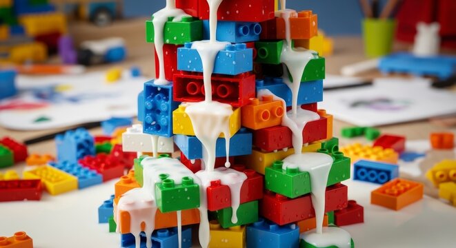 Colorful Lego Blocks with White Liquid Pouring.
