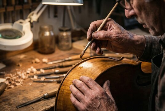 Skilled craftsman meticulously carving a violin in a woodworking workshop.