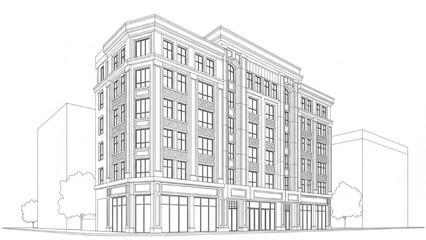Architectural rendering of a modern commercial building with storefronts and upper-level apartments