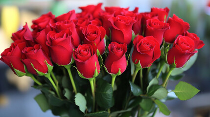 Beautiful Red Rose Buds with Green Leaves Close-up for Wedding Background