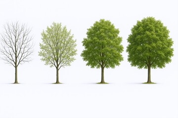 Obraz premium Four Trees Illustrating Seasonal Changes and Growth Stages Against a White Background, Perfect for Educational Material