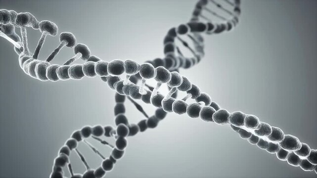 Intertwined DNA strands rotating in a 3D illustration, showcasing molecular structure in a gray gradient environment from a close-up viewpoint like dna-22.mp4