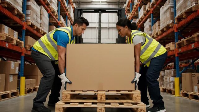 Two Warehouse Workers wearing Safety Gear Teamwork Lifting Heavy Box onto Pallet Together