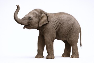Obraz premium Playful Baby Elephant with Trunk Up Isolated on White Background, Symbolizing Joy and Innocence