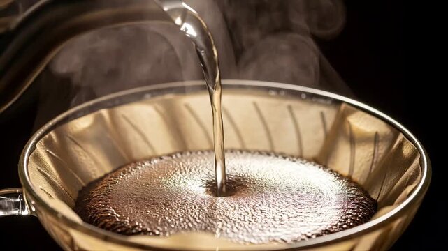 Hot water pouring into fresh coffee grounds in a pour-over filter with steam on a dark background for artisanal brewing concept and morning ritual