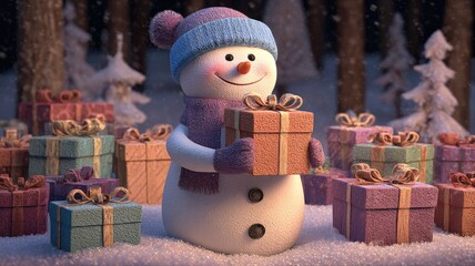 Obraz premium Festive Snowman Holding Gift Box Surrounded by Presents in a Winter Wonderland Scene