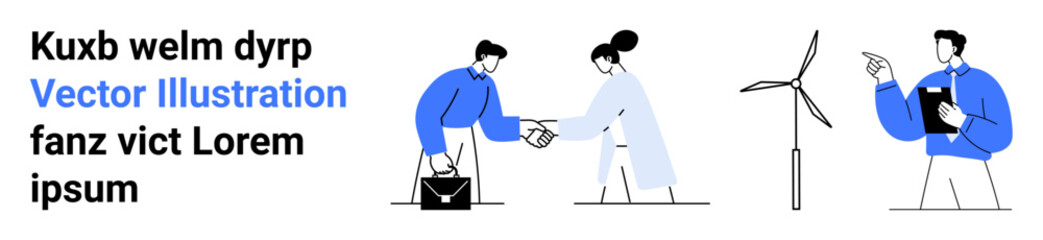 Fototapeta premium Business, teamwork, sustainability, renewable energy, eco-friendly technology, partnerships. Professionals shaking hands, collaborating and examining a wind turbine. Business and sustainability