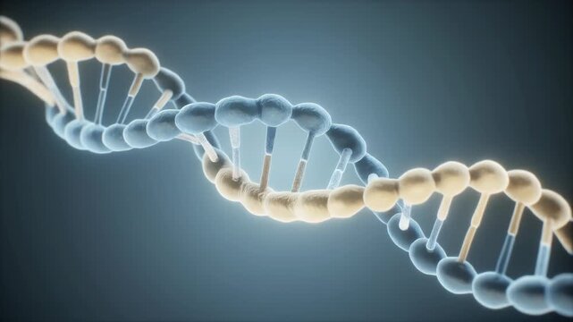 A double helix DNA structure rotating slowly in a dark blue environment from a close-up viewpoint, file reference dna-25.mp4