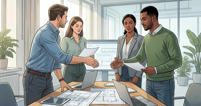 Businesspeople shaking hands in modern office setting