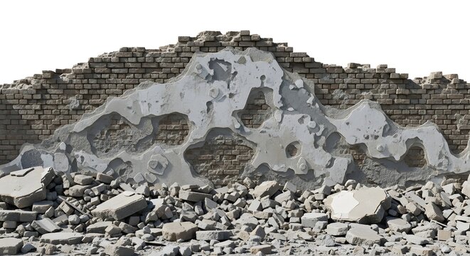 A ruined brick wall with crumbling concrete and rubble scattered on the ground