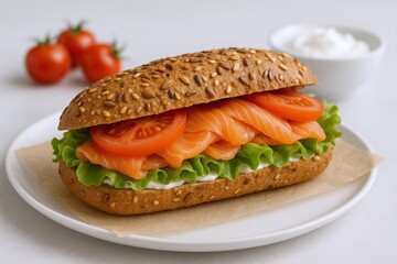 Delicious salmon sandwich with fresh tomatoes, lettuce, and creamy sauce served on a white plate