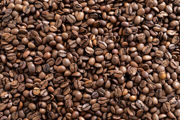 Obraz premium Top view of roasted coffee beans scattered to create a dense, seamless texture. Full frame flat lay background with copy space. Concept of morning boost, specialty cafe, roastery