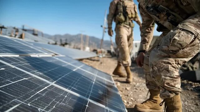 Medium shot of soldiers checking solar panels on a military base showcasing energy efficiency in sustainable defense strategies.