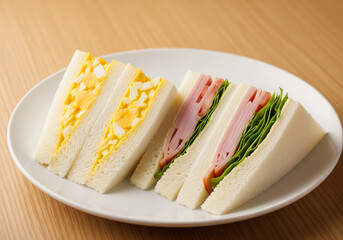 白皿に並んだ卵とハムレタスの彩り豊かなミックスサンドイッチ