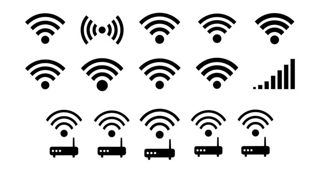 WiFi router and signal strength icon set