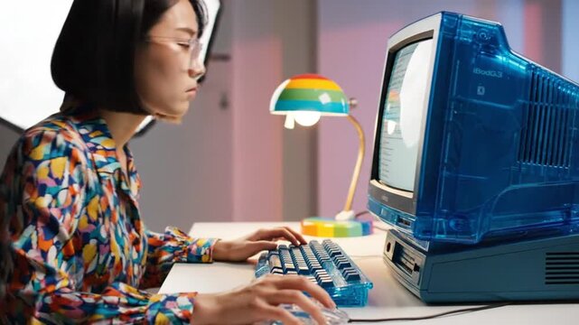 Asian woman typing on vintage blue computer with rainbow lamp