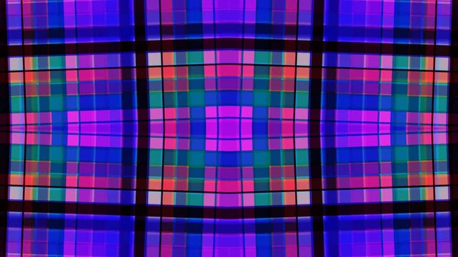 Vibrant plaid fabric pattern with neon blues and purples, a colorful textile motif for graphic design.