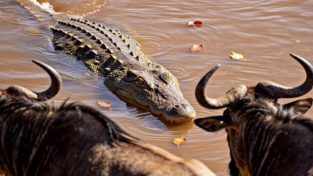 Crocodile in water with wildebeests