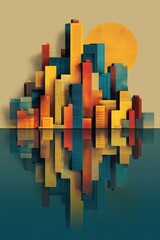 Abstract Cityscape Illustration with Vibrant Skyscrapers and Water Reflection, Modern Urban Art