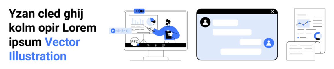 Fototapeta premium Remote work, online education, digital collaboration, messaging, video conferencing, data reporting. A monitor shows video conferencing, chat interface and analytics file. Remote work and online