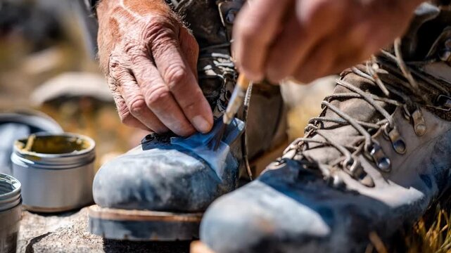 Person applying adhesive and pressing new rubber soles onto hiking boots showcasing sustainable footwear repair techniques in daylight.