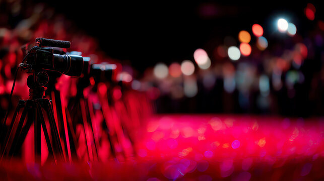 A row of professional video cameras on tripods captures an event with vibrant red lighting and blurred colorful bokeh in the background