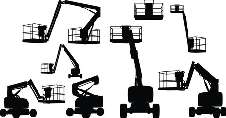 Fototapeta premium Silhouettes of aerial work platforms and boom lifts showcasing industrial construction equipment versatility for elevated access and maintenance tasks