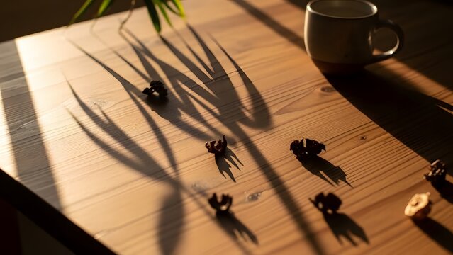 Sunny morning light creating long dramatic shadows of a plant and small decorative objects on a warm wooden table