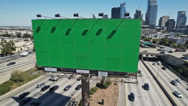Green screen billboard on highway with cityscape  traffic below.